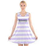 Horizontal Stripes - White and Pale Lavender Violet V-Neck Sleeveless Dress