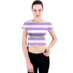 Horizontal Stripes - White and Bright Lavender Violet Crew Neck Crop Top