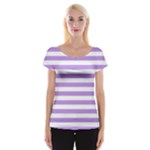 Horizontal Stripes - White and Bright Lavender Violet Women s Cap Sleeve Top