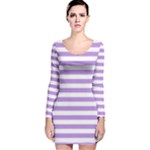 Horizontal Stripes - White and Bright Lavender Violet Long Sleeve Velvet Bodycon Dress