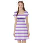 Horizontal Stripes - White and Bright Lavender Violet Short Sleeve Skater Dress