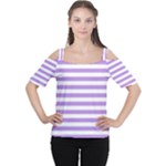 Horizontal Stripes - White and Bright Lavender Violet Women s Cutout Shoulder Tee