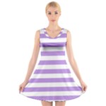 Horizontal Stripes - White and Bright Lavender Violet V-Neck Sleeveless Dress