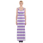 Horizontal Stripes - White and Bright Lavender Violet Maxi Thigh Split Dress