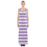 Horizontal Stripes - White and Bright Lavender Violet Maxi Thigh Split Dress