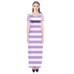 Horizontal Stripes - White and Bright Lavender Violet Short Sleeve Maxi Dress