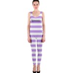 Horizontal Stripes - White and Bright Lavender Violet OnePiece Catsuit