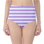 Horizontal Stripes - White and Bright Lavender Violet High-Waist Bikini Bottoms