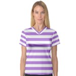 Horizontal Stripes - White and Lavender Violet Women s V-Neck Sport Mesh Tee
