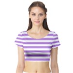 Horizontal Stripes - White and Lavender Violet Short Sleeve Crop Top (Tight Fit)