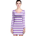 Horizontal Stripes - White and Lavender Violet Long Sleeve Velvet Bodycon Dress