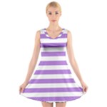 Horizontal Stripes - White and Lavender Violet V-Neck Sleeveless Dress