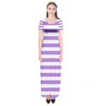 Horizontal Stripes - White and Lavender Violet Short Sleeve Maxi Dress