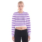 Horizontal Stripes - White and Lavender Violet Women s Cropped Sweatshirt