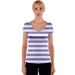 Horizontal Stripes - White and Ube Violet Women s V-Neck Cap Sleeve Top