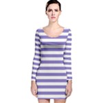 Horizontal Stripes - White and Ube Violet Long Sleeve Velvet Bodycon Dress
