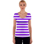 Horizontal Stripes - White and Violet Women s V-Neck Cap Sleeve Top