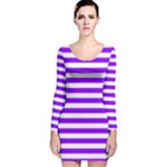 Horizontal Stripes - White and Violet Long Sleeve Velvet Bodycon Dress