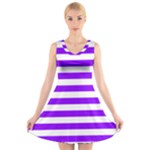 Horizontal Stripes - White and Violet V-Neck Sleeveless Dress
