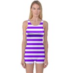 Horizontal Stripes - White and Violet One Piece Boyleg Swimsuit