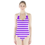 Horizontal Stripes - White and Violet Women s Halter One Piece Swimsuit