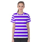 Horizontal Stripes - White and Indigo Violet Women s Cotton Tee