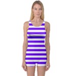 Horizontal Stripes - White and Indigo Violet One Piece Boyleg Swimsuit