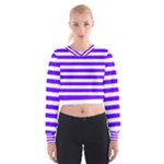 Horizontal Stripes - White and Indigo Violet Women s Cropped Sweatshirt