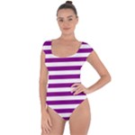 Horizontal Stripes - White and Purple Violet Short Sleeve Leotard (Ladies)