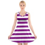 Horizontal Stripes - White and Purple Violet V-Neck Sleeveless Dress