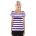Horizontal Stripes - White and Dark Lavender Violet Women s Cap Sleeve Top