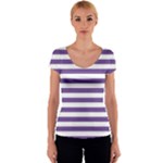 Horizontal Stripes - White and Dark Lavender Violet Women s V-Neck Cap Sleeve Top