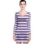 Horizontal Stripes - White and Dark Lavender Violet Long Sleeve Bodycon Dress