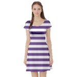 Horizontal Stripes - White and Dark Lavender Violet Short Sleeve Skater Dress