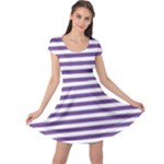 Horizontal Stripes - White and Dark Lavender Violet Cap Sleeve Dress