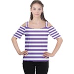 Horizontal Stripes - White and Dark Lavender Violet Women s Cutout Shoulder Tee
