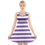 Horizontal Stripes - White and Dark Lavender Violet V-Neck Sleeveless Dress
