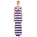 Horizontal Stripes - White and Dark Lavender Violet Maxi Thigh Split Dress