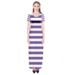 Horizontal Stripes - White and Dark Lavender Violet Short Sleeve Maxi Dress
