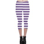Horizontal Stripes - White and Dark Lavender Violet Capri Leggings