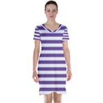 Horizontal Stripes - White and Dark Lavender Violet Short Sleeve Nightdress