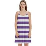 Horizontal Stripes - White and Dark Lavender Violet Women s Reversible Sports Bra with Border