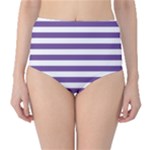 Horizontal Stripes - White and Dark Lavender Violet High-Waist Bikini Bottoms
