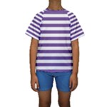 Horizontal Stripes - White and Dark Lavender Violet Kid s Short Sleeve Swimwear