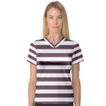 Horizontal Stripes - White and Eggplant Violet Women s V-Neck Sport Mesh Tee