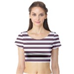 Horizontal Stripes - White and Eggplant Violet Short Sleeve Crop Top (Tight Fit)