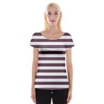Horizontal Stripes - White and Eggplant Violet Women s Cap Sleeve Top