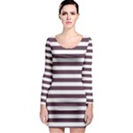 Horizontal Stripes - White and Eggplant Violet Long Sleeve Bodycon Dress