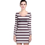 Horizontal Stripes - White and Eggplant Violet Long Sleeve Velvet Bodycon Dress