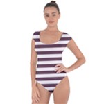 Horizontal Stripes - White and Eggplant Violet Short Sleeve Leotard (Ladies)